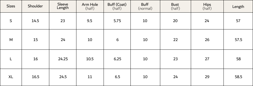 Abayas Size Chart