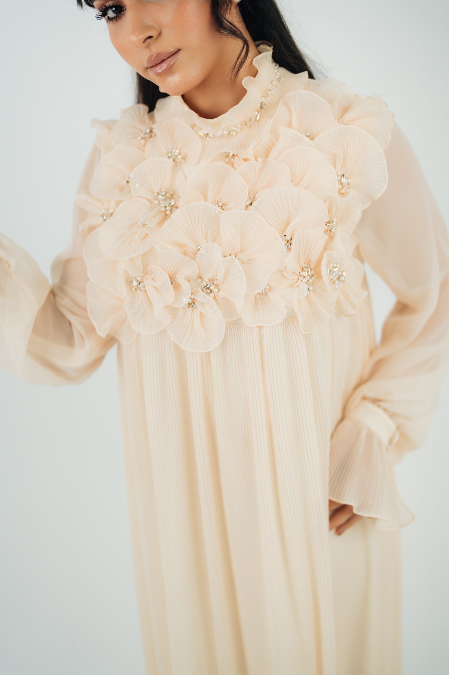 3D FLOWERS PLEATED GOWN