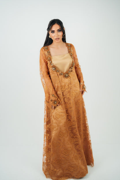 3D FLORAL NECKLINE TWO-PIECE GOWN