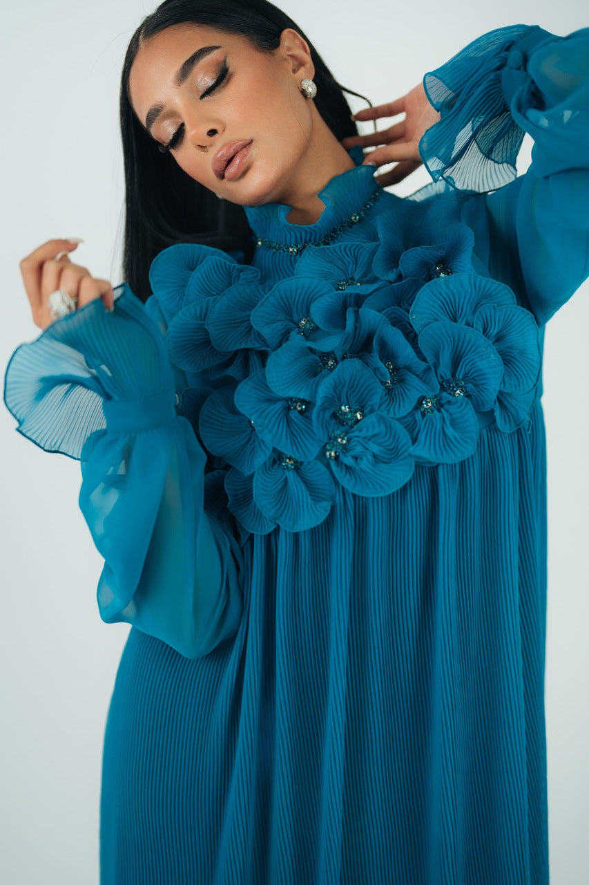 3D FLOWERS PLEATED GOWN
