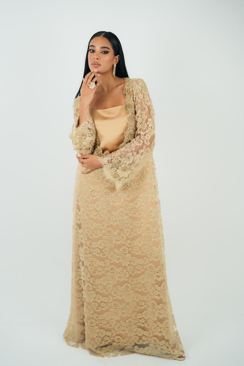 3D FLORAL NECKLINE TWO-PIECE GOWN