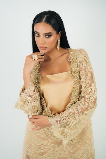 3D FLORAL NECKLINE TWO-PIECE GOWN
