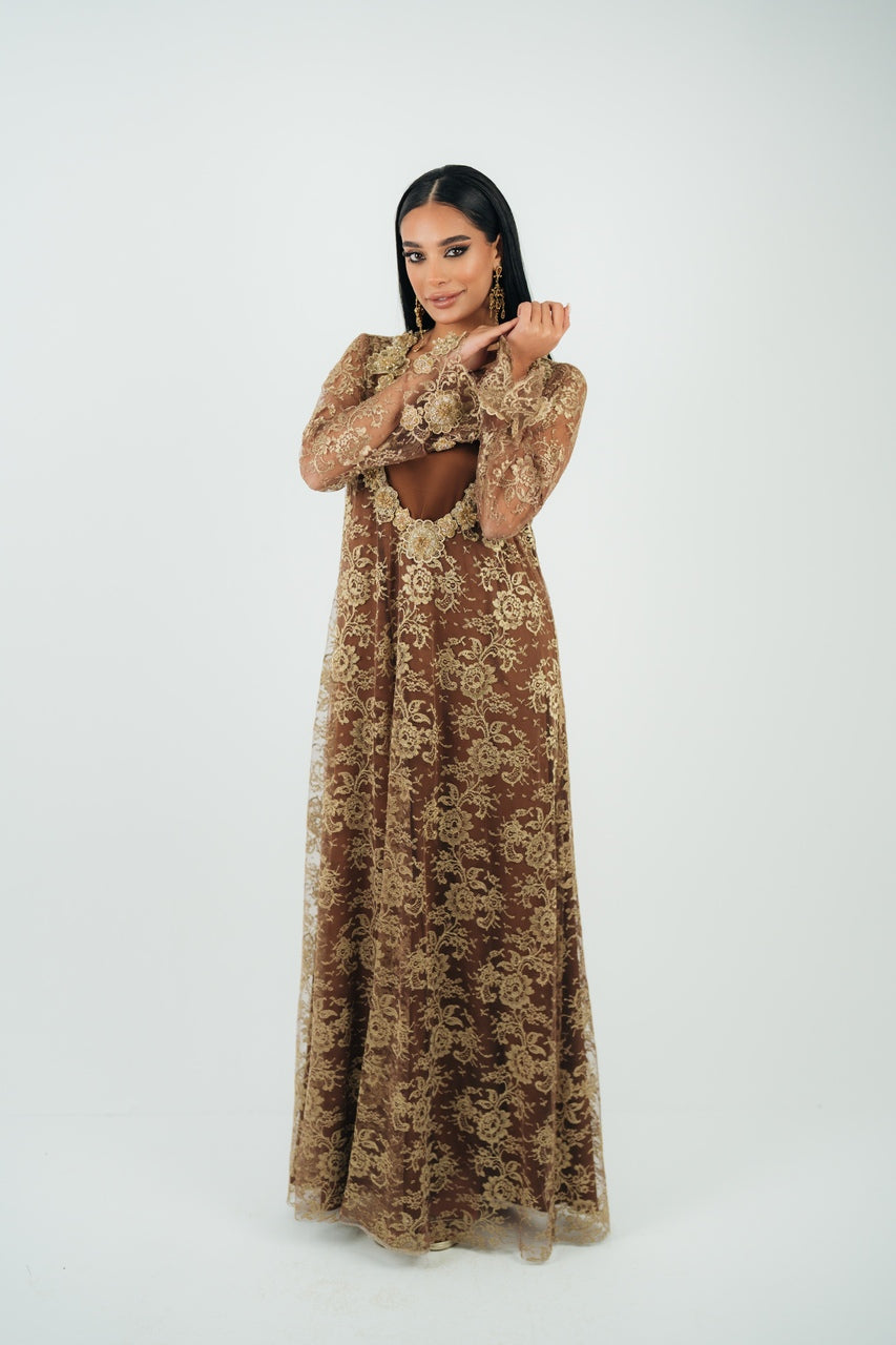 3D FLORAL NECKLINE TWO-PIECE GOWN