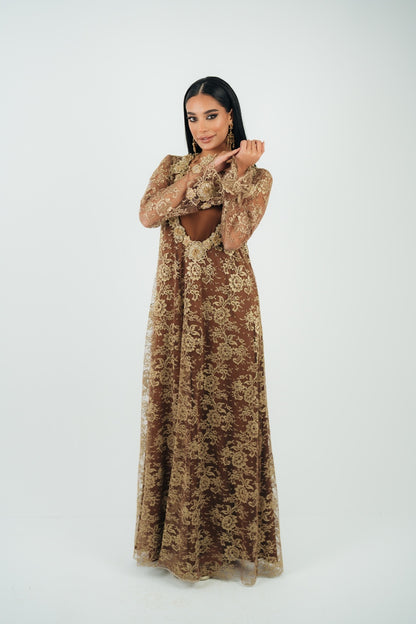 3D FLORAL NECKLINE TWO-PIECE GOWN