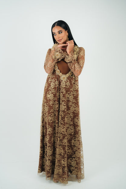 3D FLORAL NECKLINE TWO-PIECE GOWN