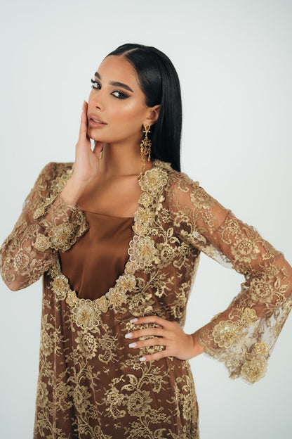 3D FLORAL NECKLINE TWO-PIECE GOWN
