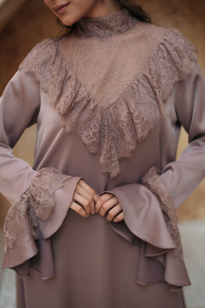 HIGH-NECK RUFFLED LACE GOWN