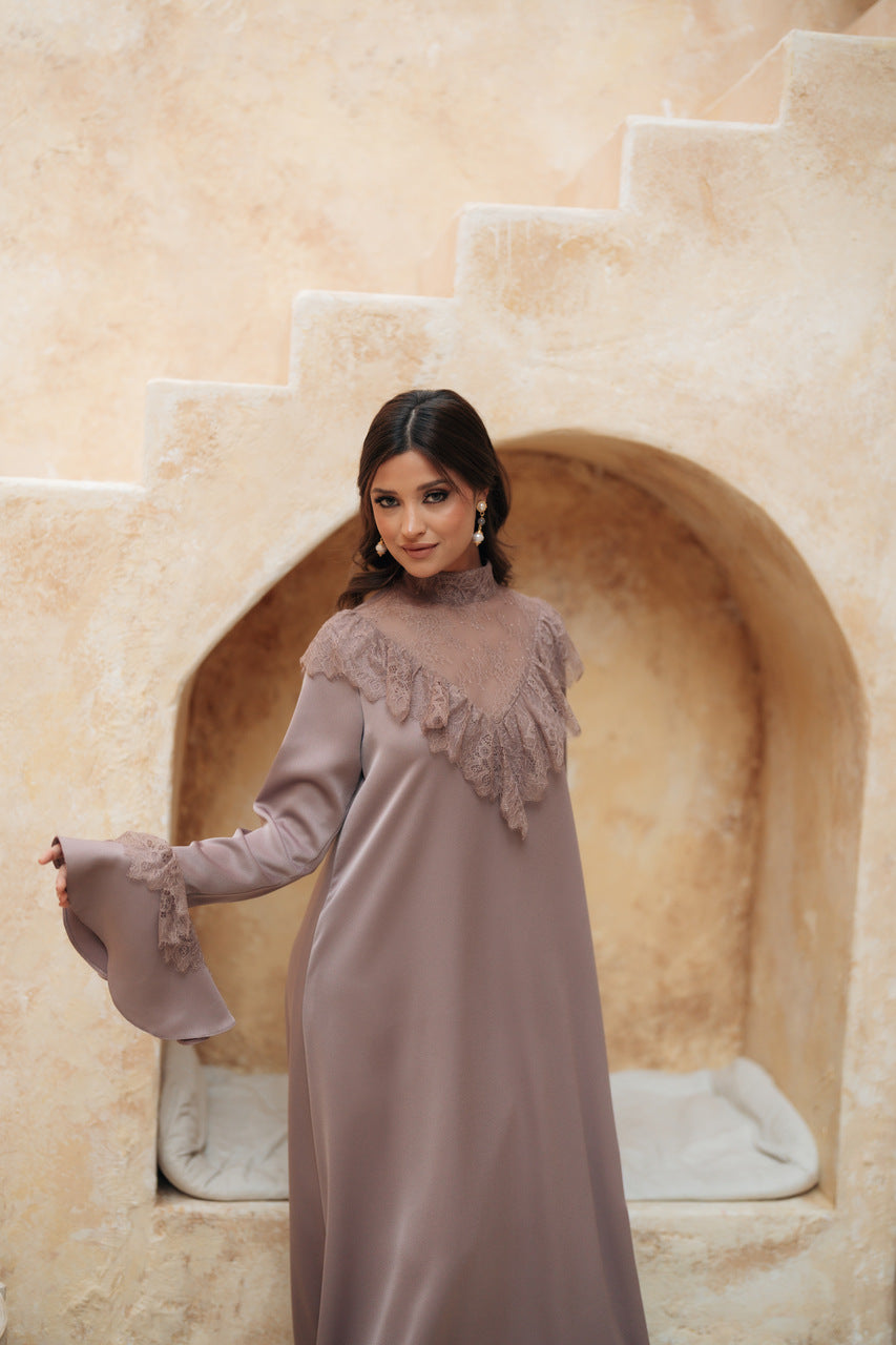 HIGH-NECK RUFFLED LACE GOWN