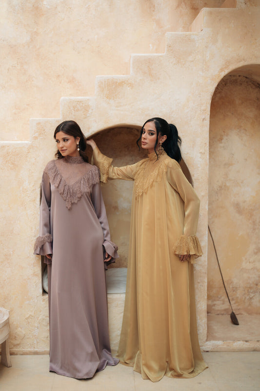 HIGH-NECK RUFFLED LACE GOWN