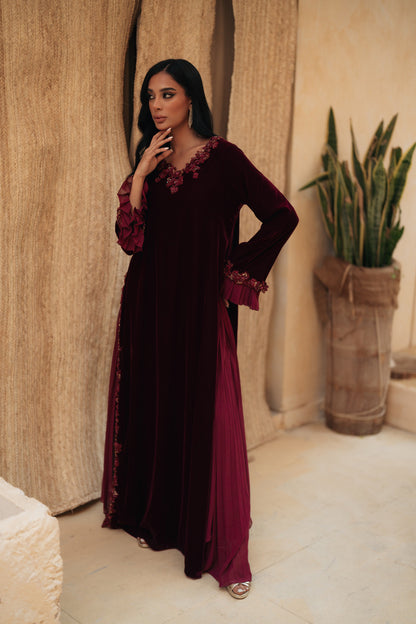 VELVET SIDE PLEATS FLORAL ACCENTS GOWN