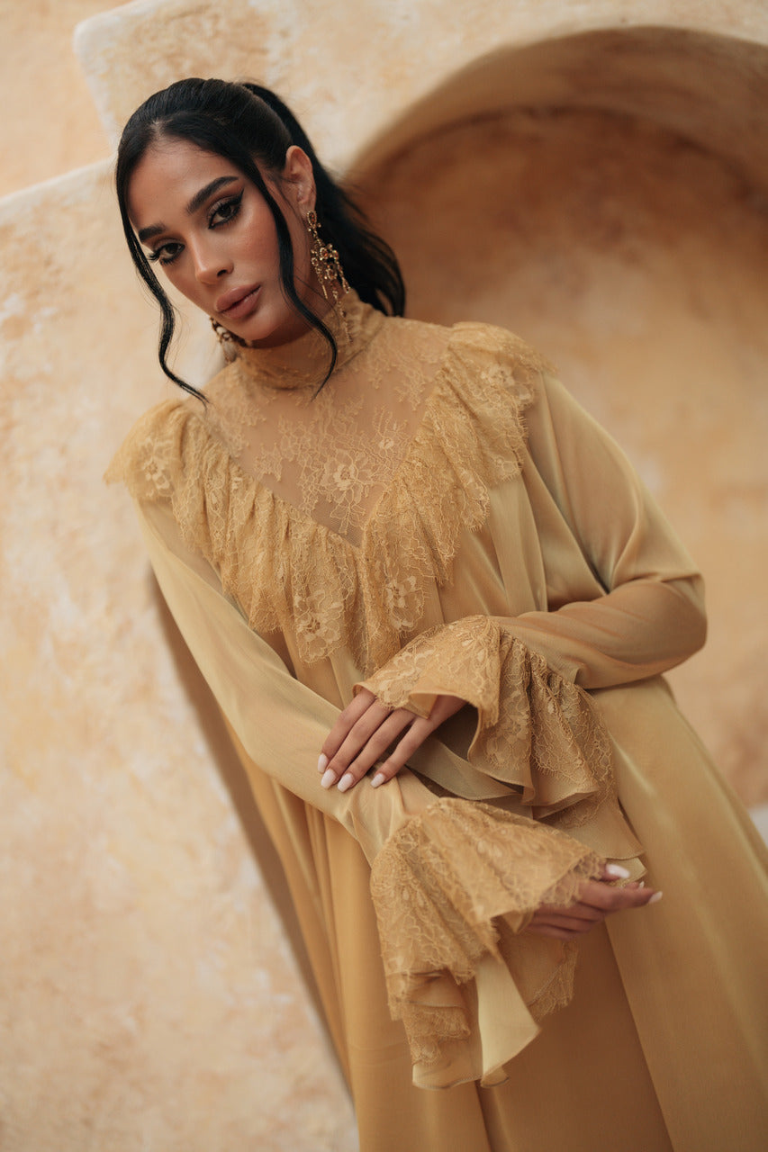 HIGH-NECK RUFFLED LACE GOWN