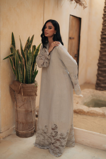 SHIMMERY LINEN GOWN WITH LACE INSERTS