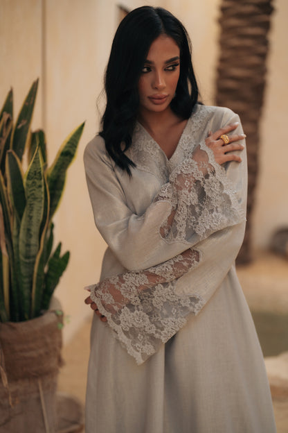 SHIMMERY LINEN GOWN WITH LACE INSERTS