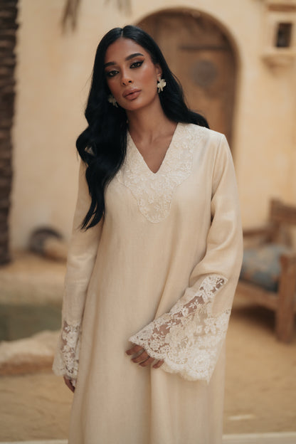 SHIMMERY LINEN GOWN WITH LACE INSERTS