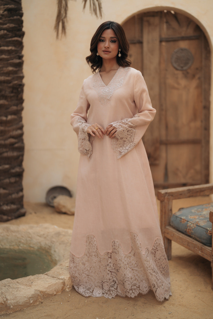 SHIMMERY LINEN GOWN WITH LACE INSERTS