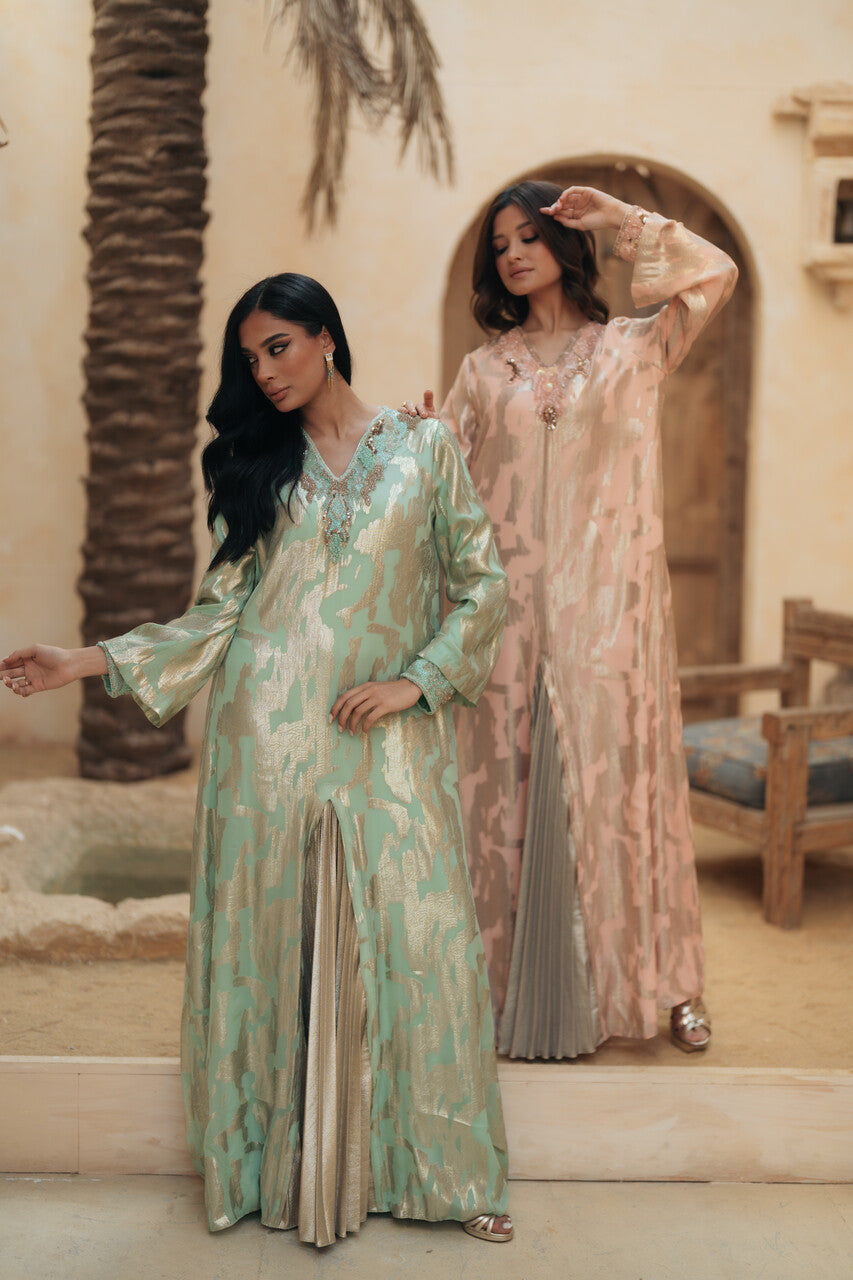 CONTRAST PLEATS V NECKLINE GOWN