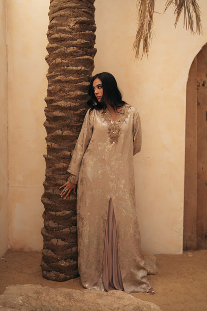 CONTRAST PLEATS V NECKLINE GOWN