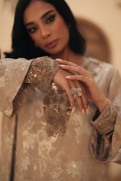 CONTRAST PLEATS V NECKLINE GOWN