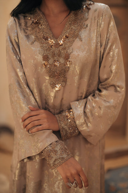 CONTRAST PLEATS V NECKLINE GOWN