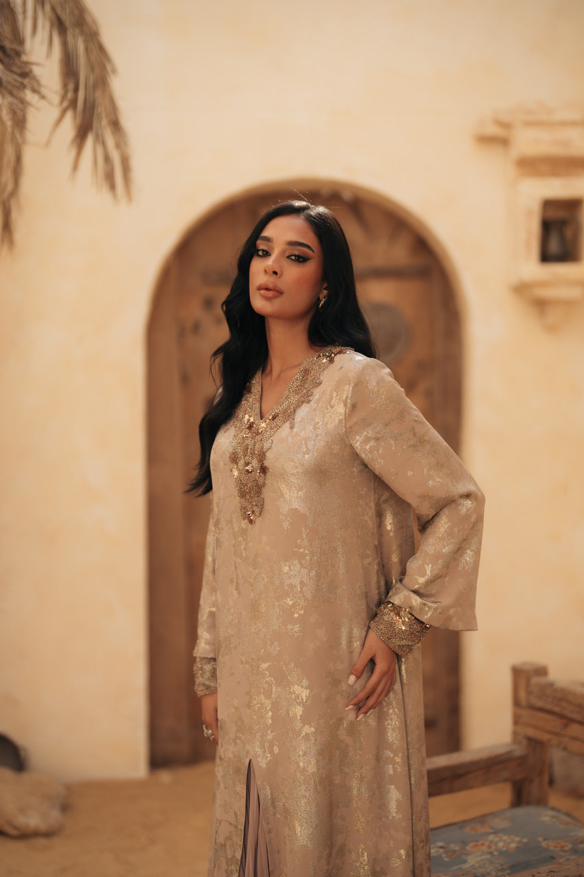 CONTRAST PLEATS V NECKLINE GOWN