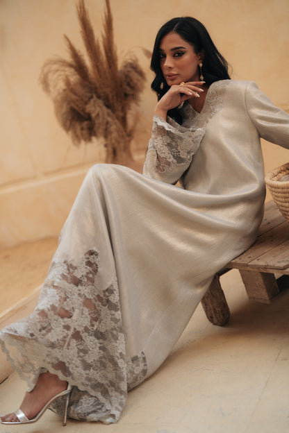 SHIMMERY LINEN GOWN WITH LACE INSERTS