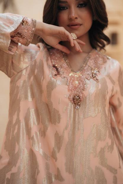 CONTRAST PLEATS V NECKLINE GOWN