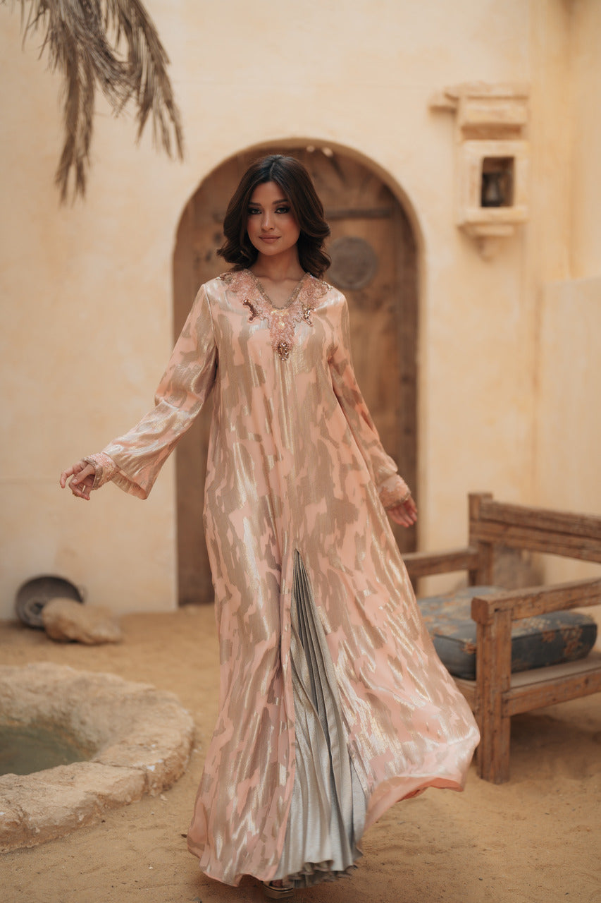 CONTRAST PLEATS V NECKLINE GOWN