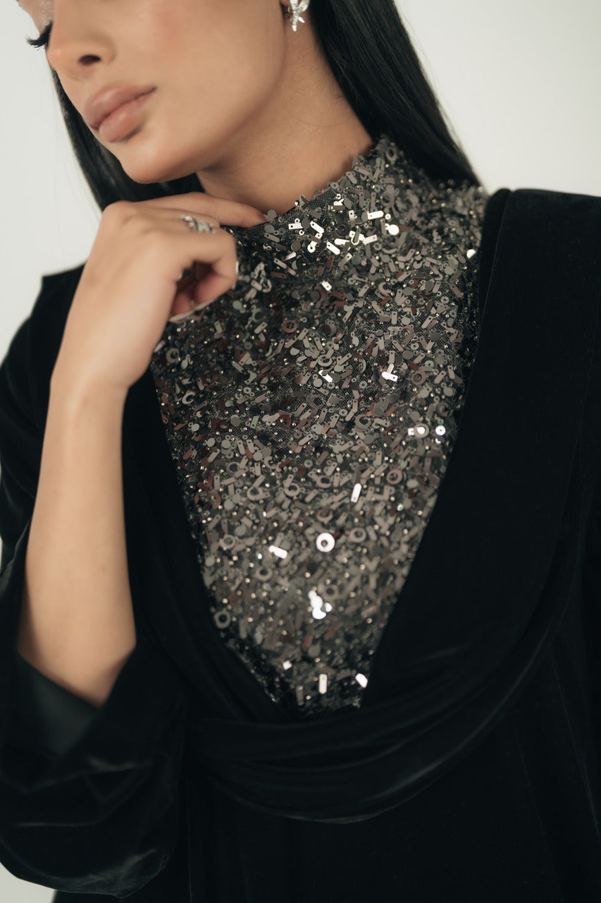 CONTRAST SEQUIN-EMBELLISHED GOWN