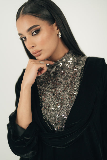 CONTRAST SEQUIN-EMBELLISHED GOWN