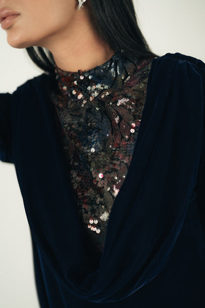 CONTRAST SEQUIN-EMBELLISHED GOWN
